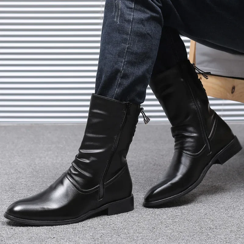 Spring and Autumn Sharp Scalp Boots for Men's UK 2025 Korean Edition High Top Leather Tube Men's Boots Fashion Trend