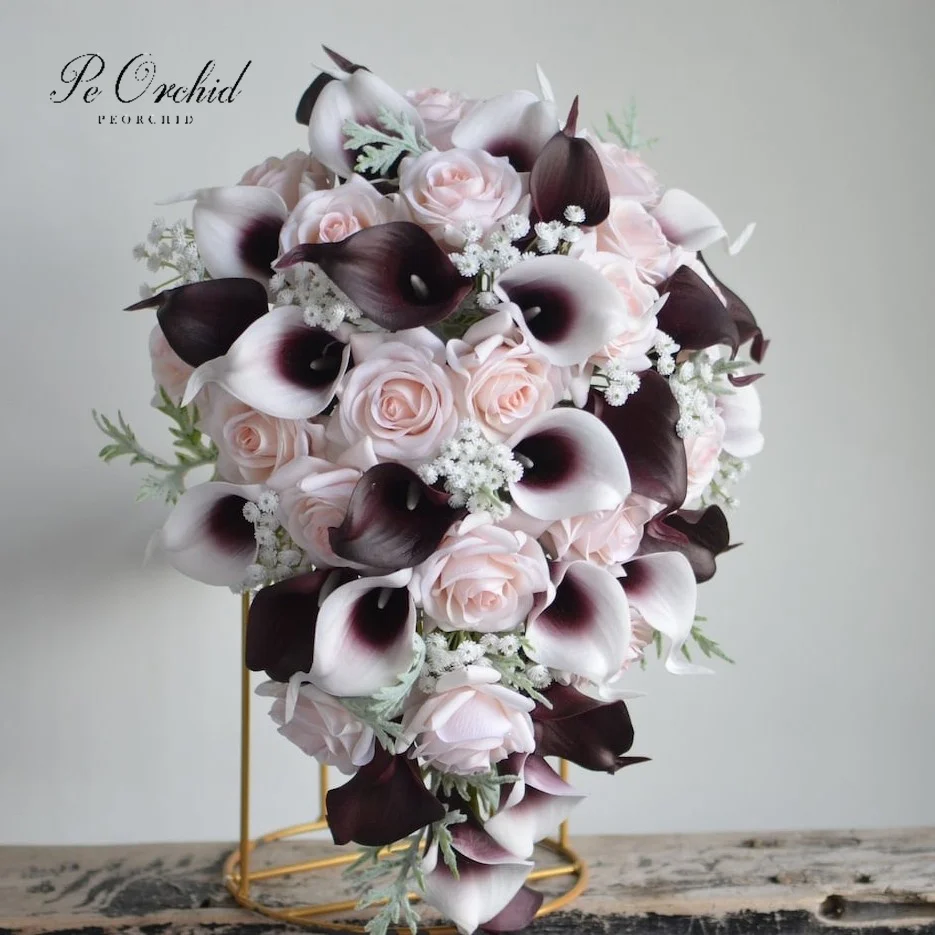 

PEORCHID Faux Flowers Cascade Wedding Bouquet Burgundy Real Touch Calla Lily Rustic Boho Blush Pink Bridal Artificial Bouquet