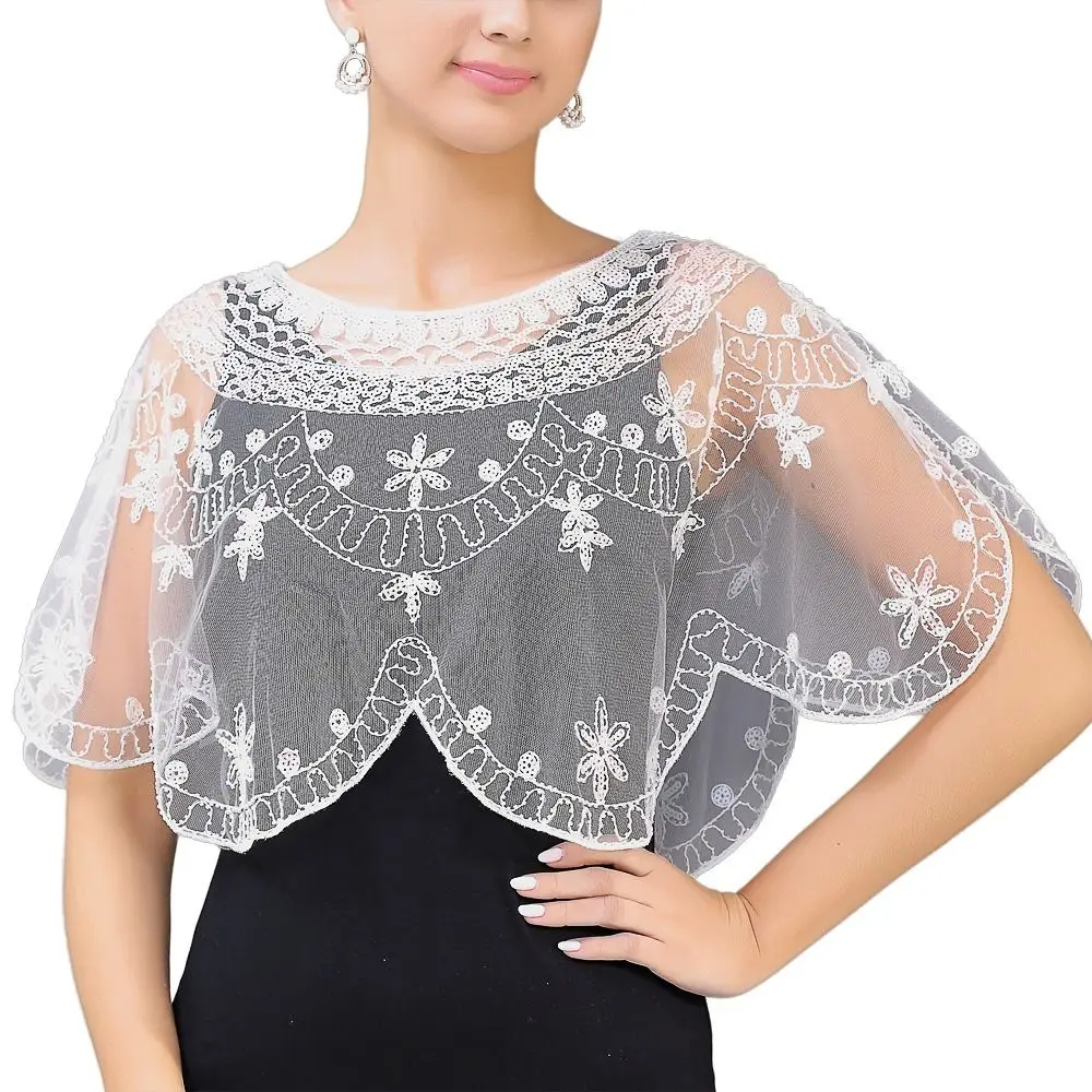 أزياء شبكة الدانتيل الكتف الغزل التطريز زهرة الترتر أوشحة الزفاف شال فستان شفاف ديكور مساء الرؤوس الزفاف