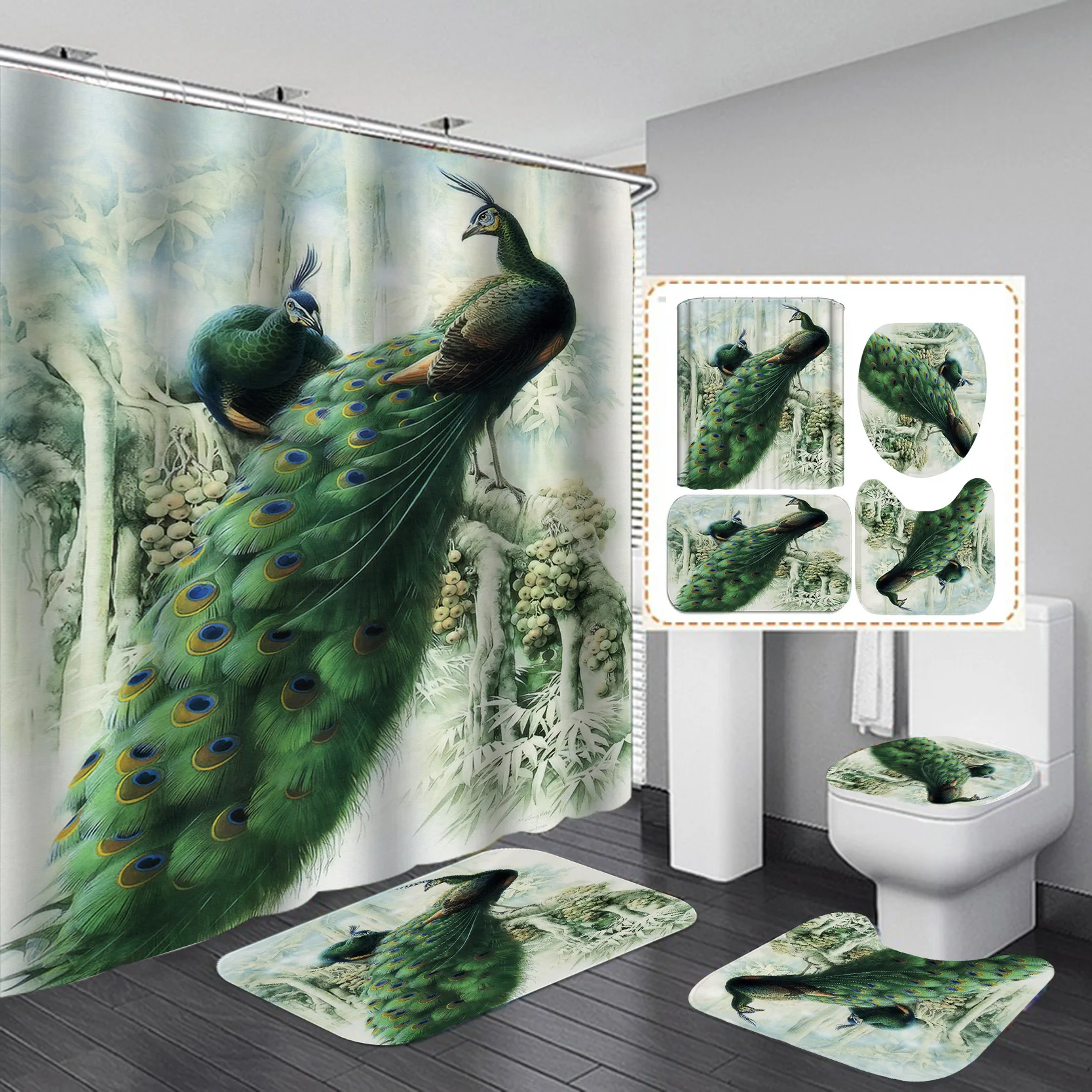 

Luxury Green Peacocks Shower Curtain Animal Birds Printed Bathroom Non-slip Rug Bath Toilet Mats Decor Sets Decor Home