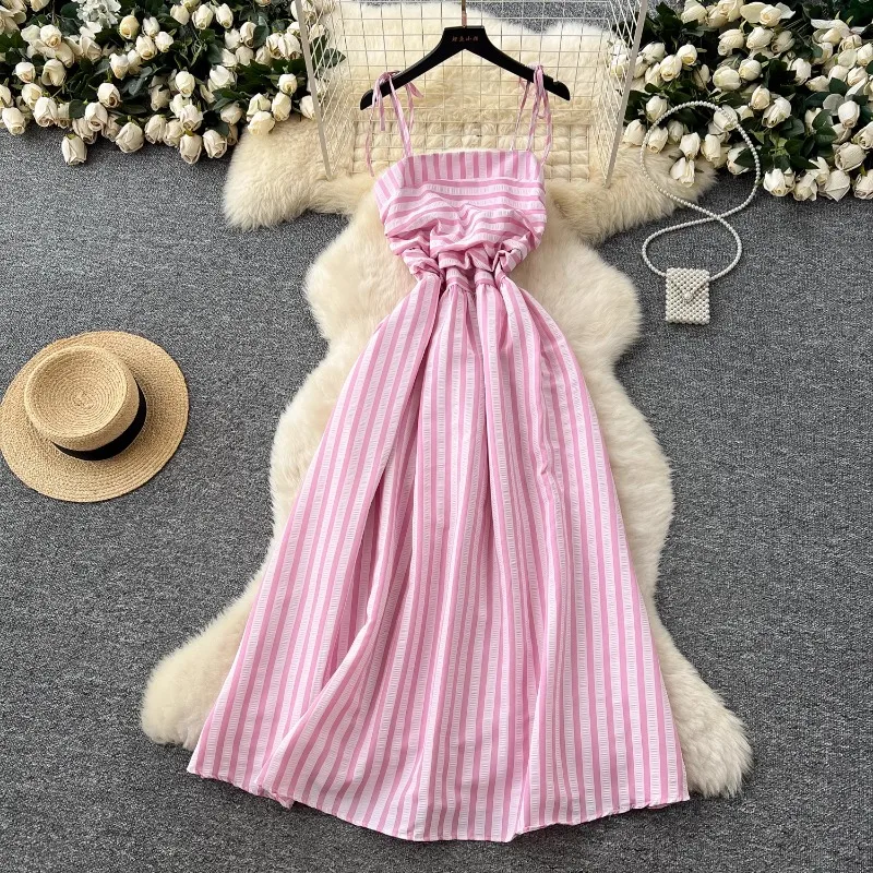 Holiday Sling Striped Printed Dress Women's Summer Waist Slimming Elegant Vacation First Love Dresses Women Long Beach Dress