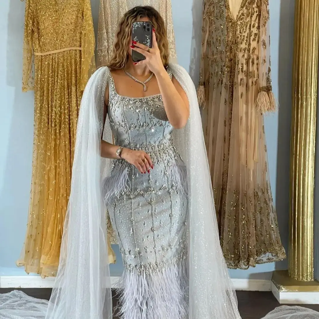 Prom Dress Embellished Sheath Dress With Sequin Cape Rhinestone Handwork Sexy Feather Dubai Arabic Formal Gown