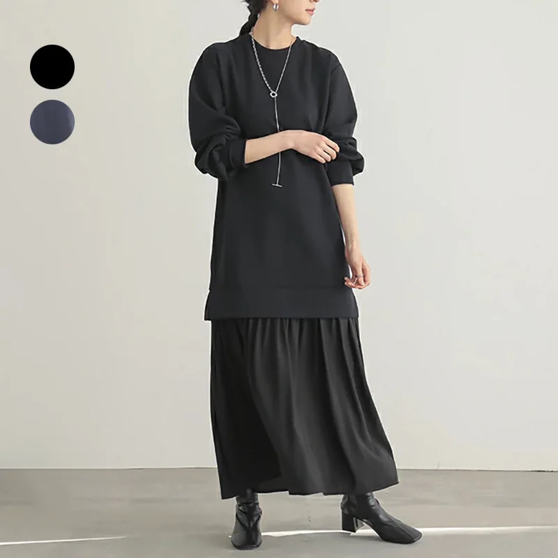 Autumn Dress New Loose Slimming Round Neck Solid Color Long Sleeve High-End Fake Two-Piece Set Long Dress