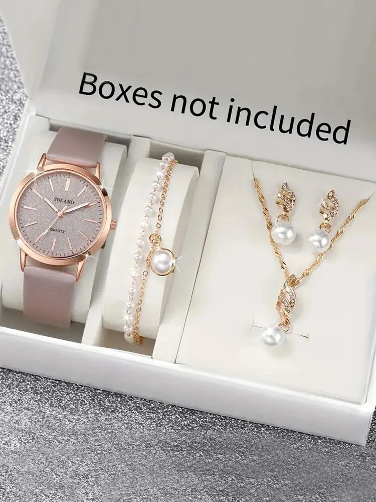 5PCS Fashionable and Minimalist round WOMEN'S Belt Quartz Wristwatch with Pearl Bracelet, Necklace, Earring Combination Set