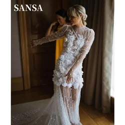 Sansa Sexy Perspective 3D Flower Long Sleeve Wedding Dress Luxury Handmade Flower Vestidos De Novia White After the Party Dress