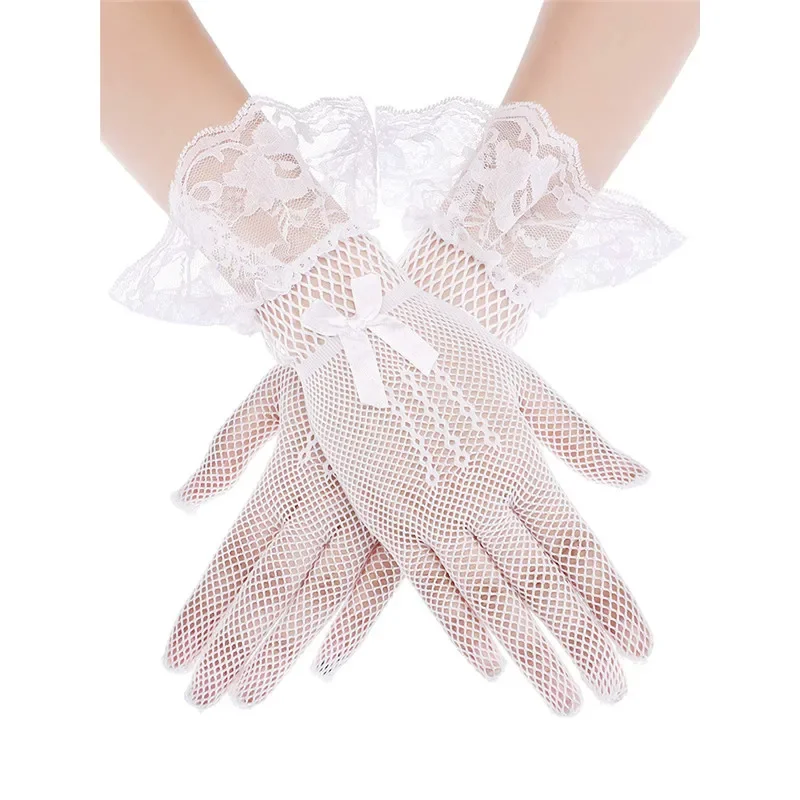 Eleganckie damskie krótkie koronkowe rękawiczki Sheer Fishn Net Black White Prom Party Gloves Modne damskie rękawiczki w jednolitym kolorze Nowe