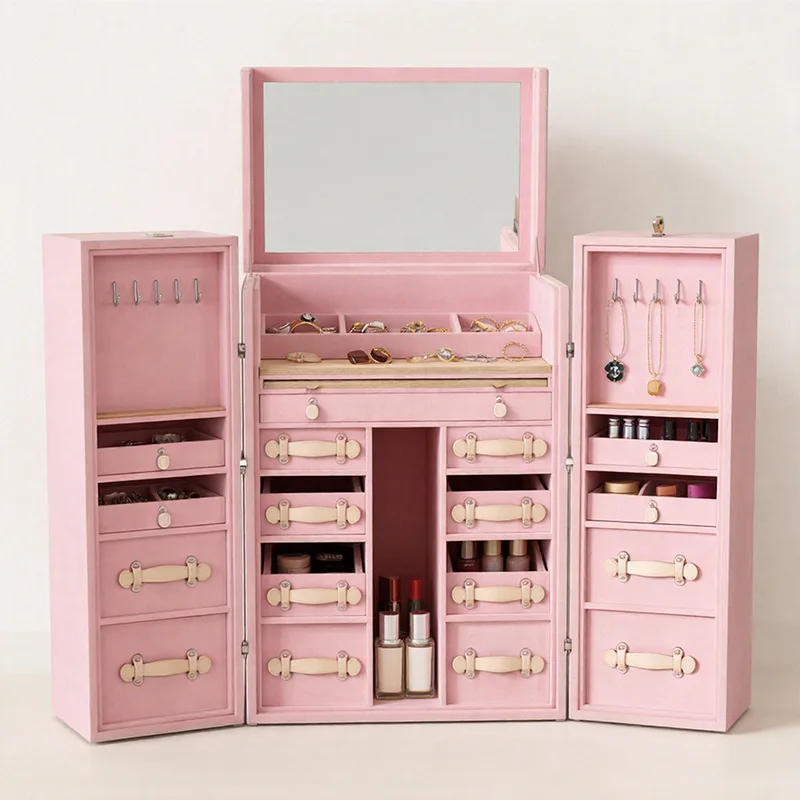 Cosmetic case Multifunctional storage Cosmetic table with mirror Pink multi-layer storage Portable