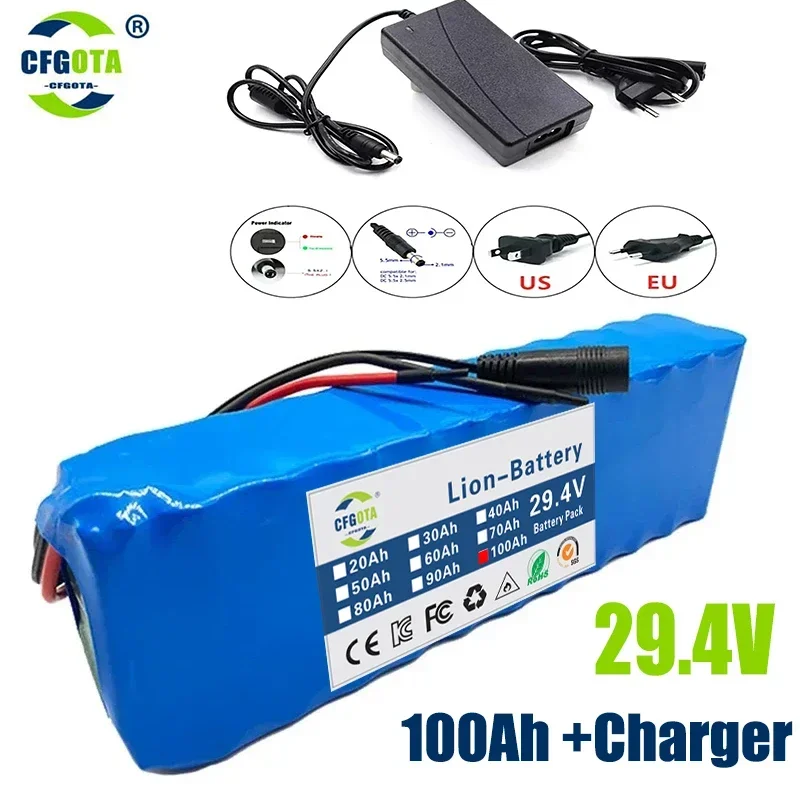 New 18650 Rechargeable Lithium Battery Pack 7S3P 24V 50000mAh 29.4V 50Ah with BMS for Electric Bike Electric Scooter +2A Charger