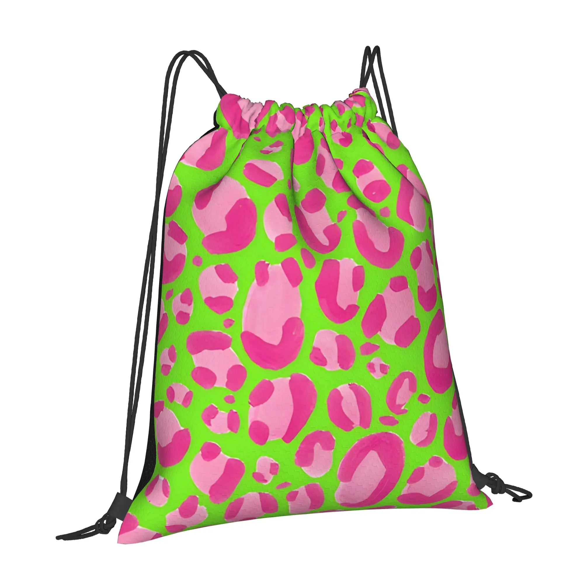 Hand Drawn Pink Leopard Print Animal Pattern Leopard Print Drawstring Bags Travel Unisex Storage Organize Bundle Rope Bag