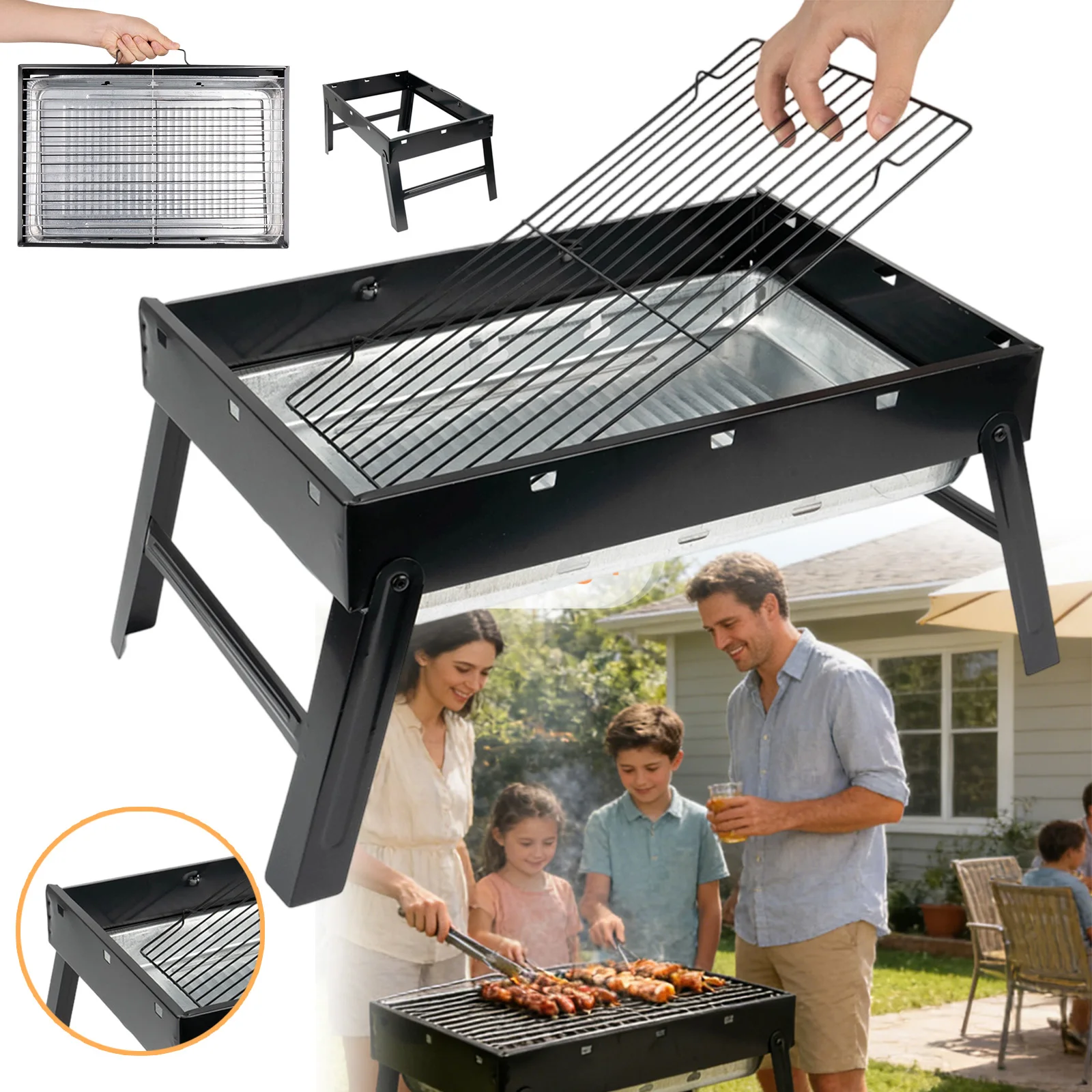 Faltbarer tragbarer BBQ-Grill, Holzkohle-Grillzubehör für Grillen im Freien, Kochen, Camping, Wandern, Rucksackreisen, Partys, einfach zu montieren und demontieren.