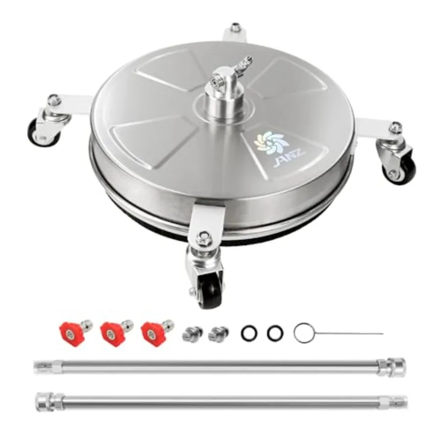 

Pressure Washer Surface Cleaner with 4 Wheels Staless Steel Housg 1/4" Quick Plug 2 Extension Wand Attachments 2 Replacement No