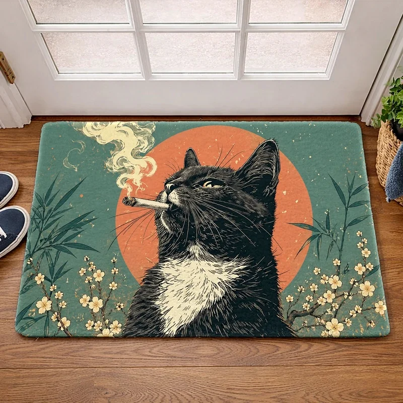 Vintage Smoking Black Cat Doormat Japanese Style Plum Blossom Sun Print Entrance Rug Indoor Porch Front Door Home Decor Mat