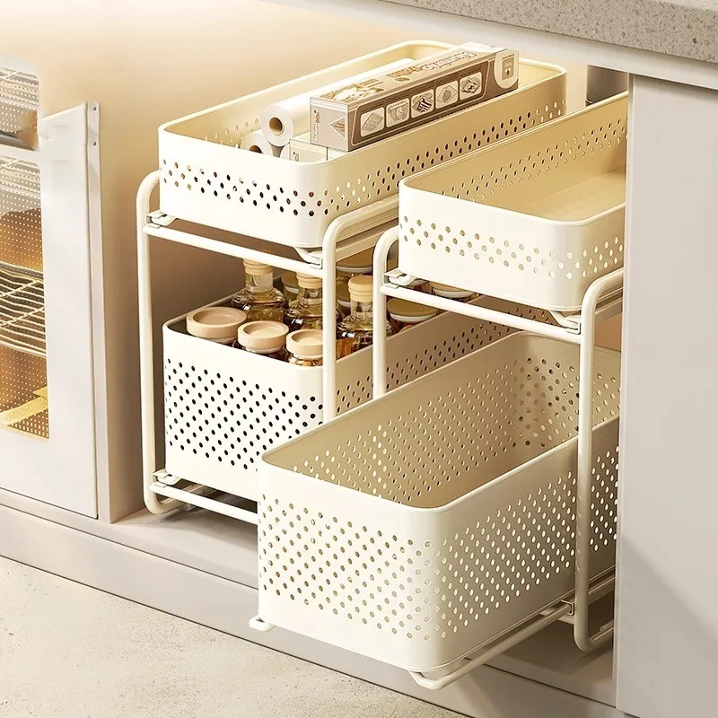 Kitchen Sink Storage Rack Multi-Functional Spice Organizer Pull-Out Layered Rack for Cabinets and Cookware
