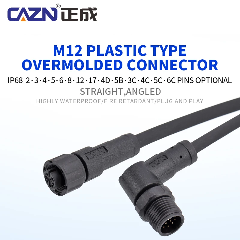 2 3 4 5 6 8 12 17 Pin M12 Unshielded Plastic Overmolded Plug Angled Male Female 1/2/5m PVC PUR IP67 for Automation & Robotics