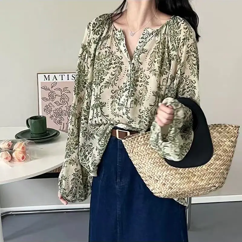 

2025 Spring French Floral Lantern Sleeve Chiffon Commute Casual Vacation Style Shirt Women's Tops