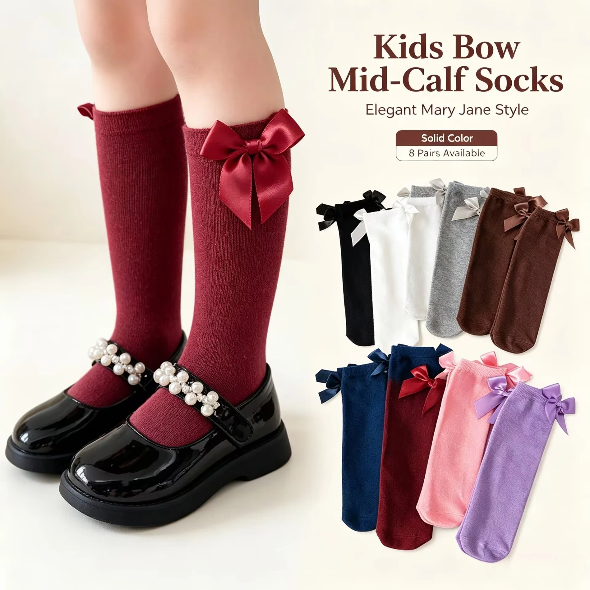 Little Girl Student Solid Color  Mid Tube Socks Spring Autumn Lolita Bow Korean Version Princess Long Tube Dance Socks