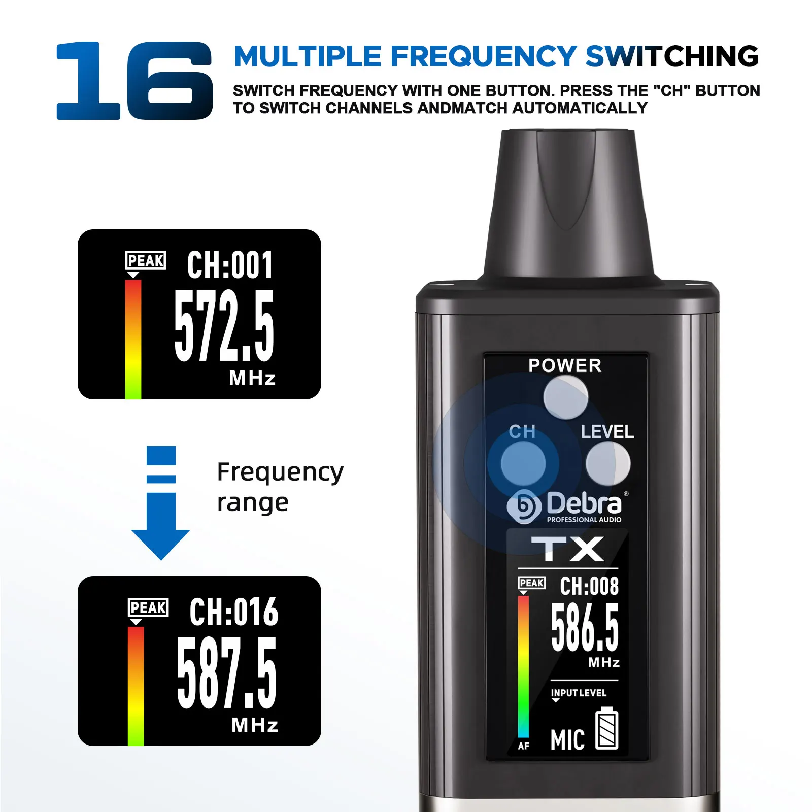 نظام المراقبة اللاسلكي Debra Audio UHF Stereo IEM EMX-1 قابل لإعادة الشحن مع 16 تردد قابل للتعديل على الشاشة