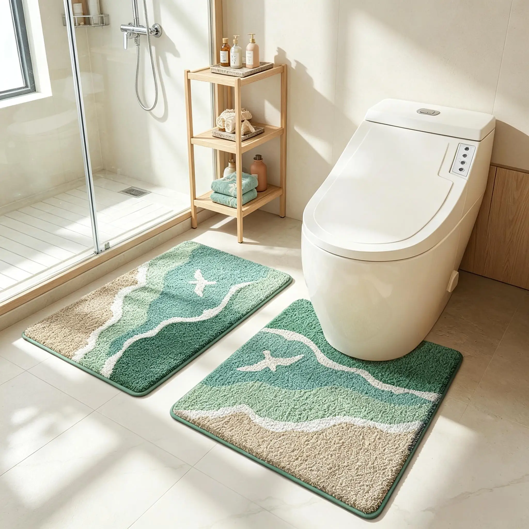 Ocean Scenery Bath Mat Set, Toilet Mat, Bathroom Rug, Premium Thick Dense Plush, Absorbent Non Slip Quick Dry Foot Mat