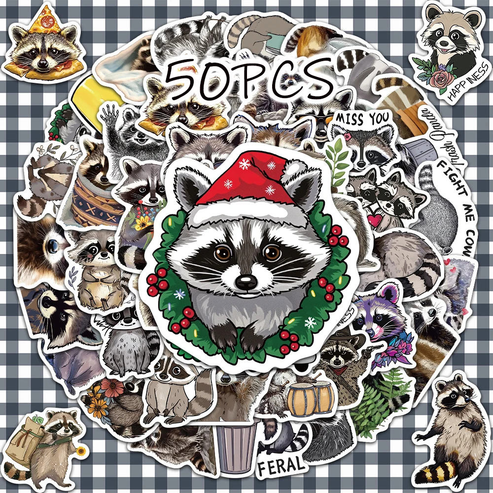 

50pcs adorable raccoon decorative stickers for celebration party decors Back to school laptop cellphone case skateboard luggage