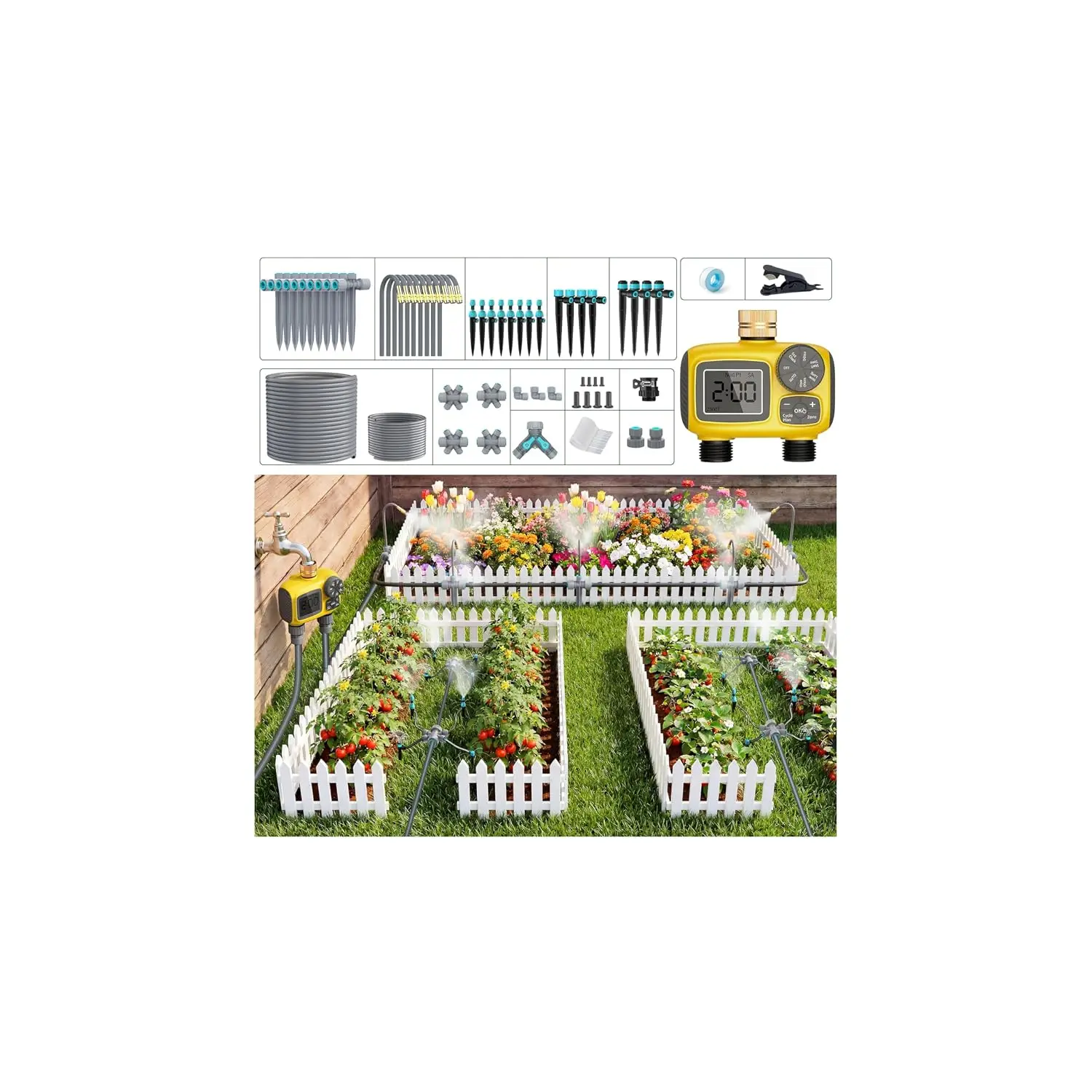 172FT Drip Irrigation System with 2-Zone Timer for Garden, 1/2" High-Flow Mainline, 26 Adjustable Nozzles & 6-Way Quick Connectors