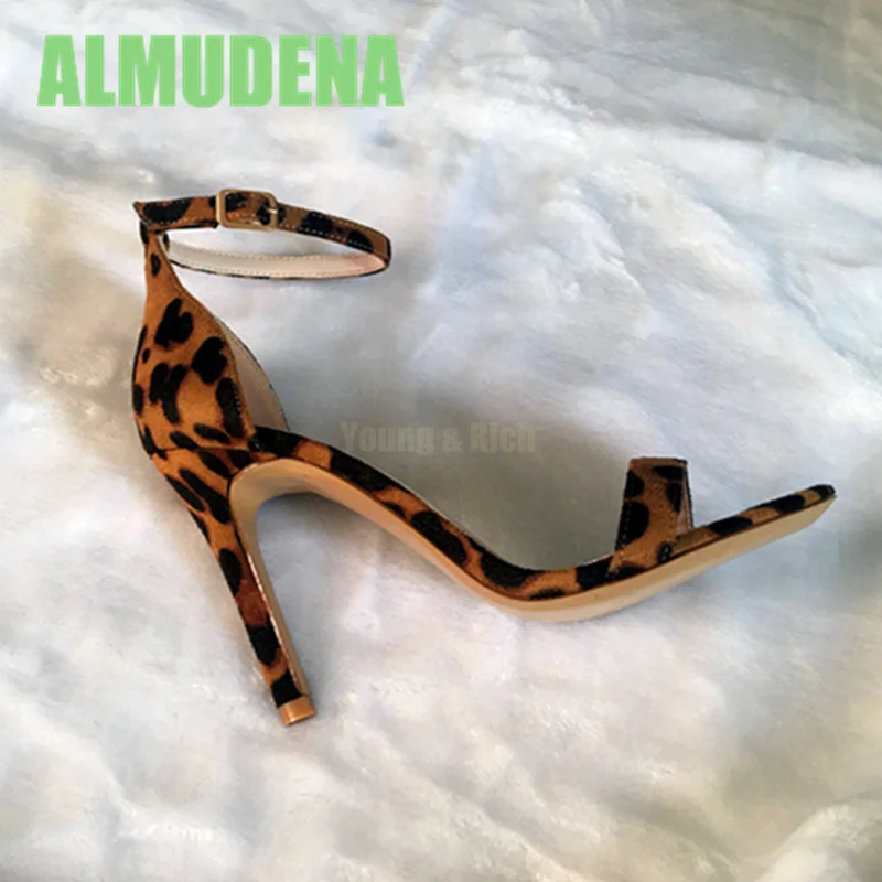 Sexy Leopard Print High Heels Women's Slim Heels Summer New Style with A One-Piece Suede Design Versatile Open Toe Sandals