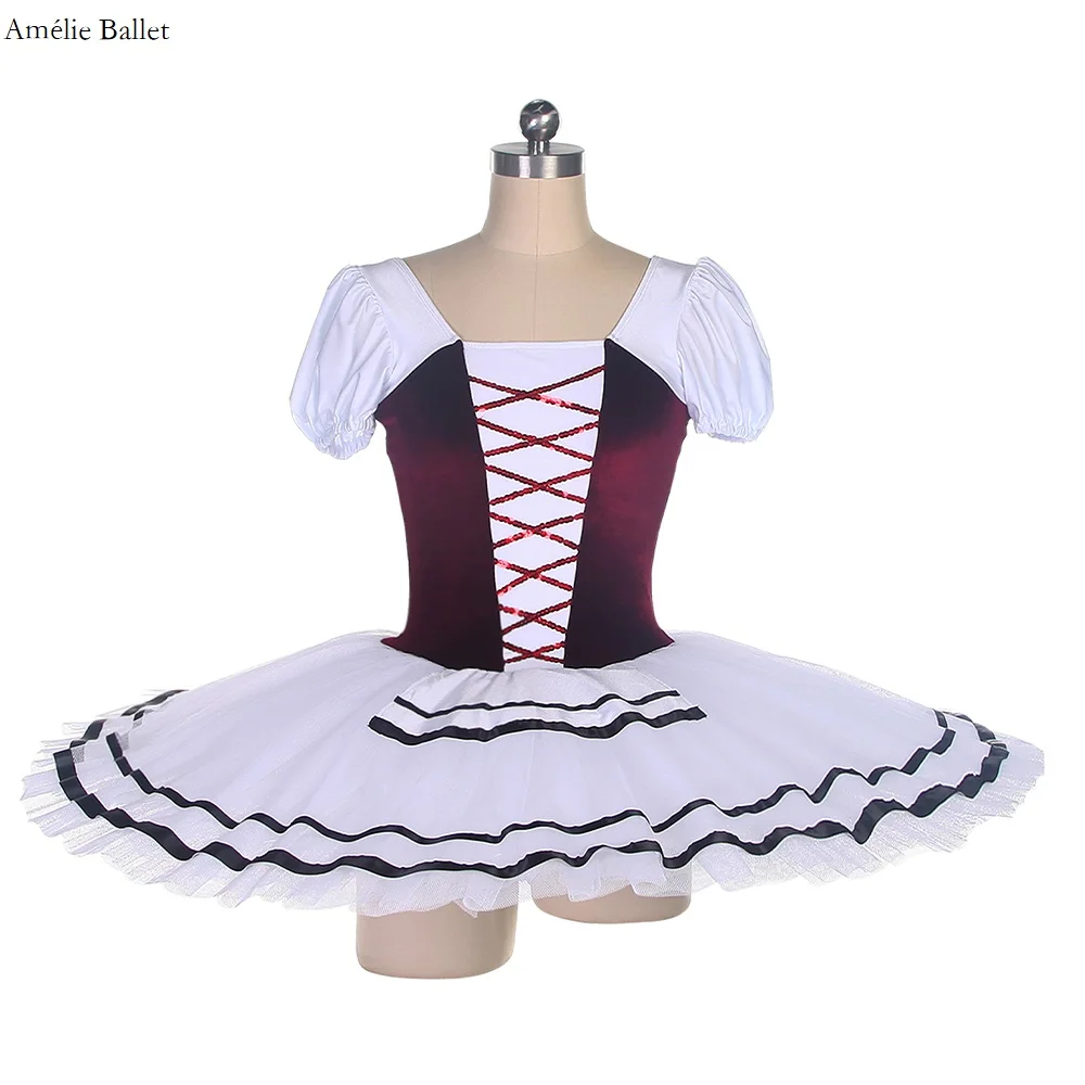 BLL488 Kapmouwtjes Bordeaux Fluwelen Top Lijfje met Witte Stijve Tule Tutu Rok Pre-Professionele Ballet Tutu Prestaties kostuum