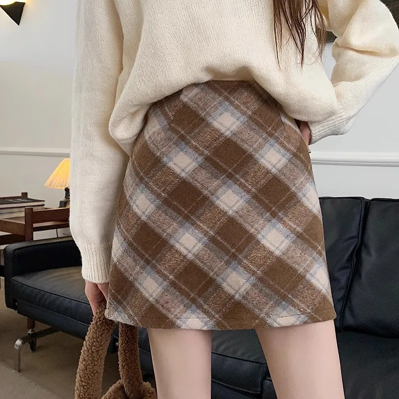 plus Size Plaid Woolen  Skirt A-Line Wrap Body High Waist Autumn Winter Fashion Korean Style Women's Skirts with 