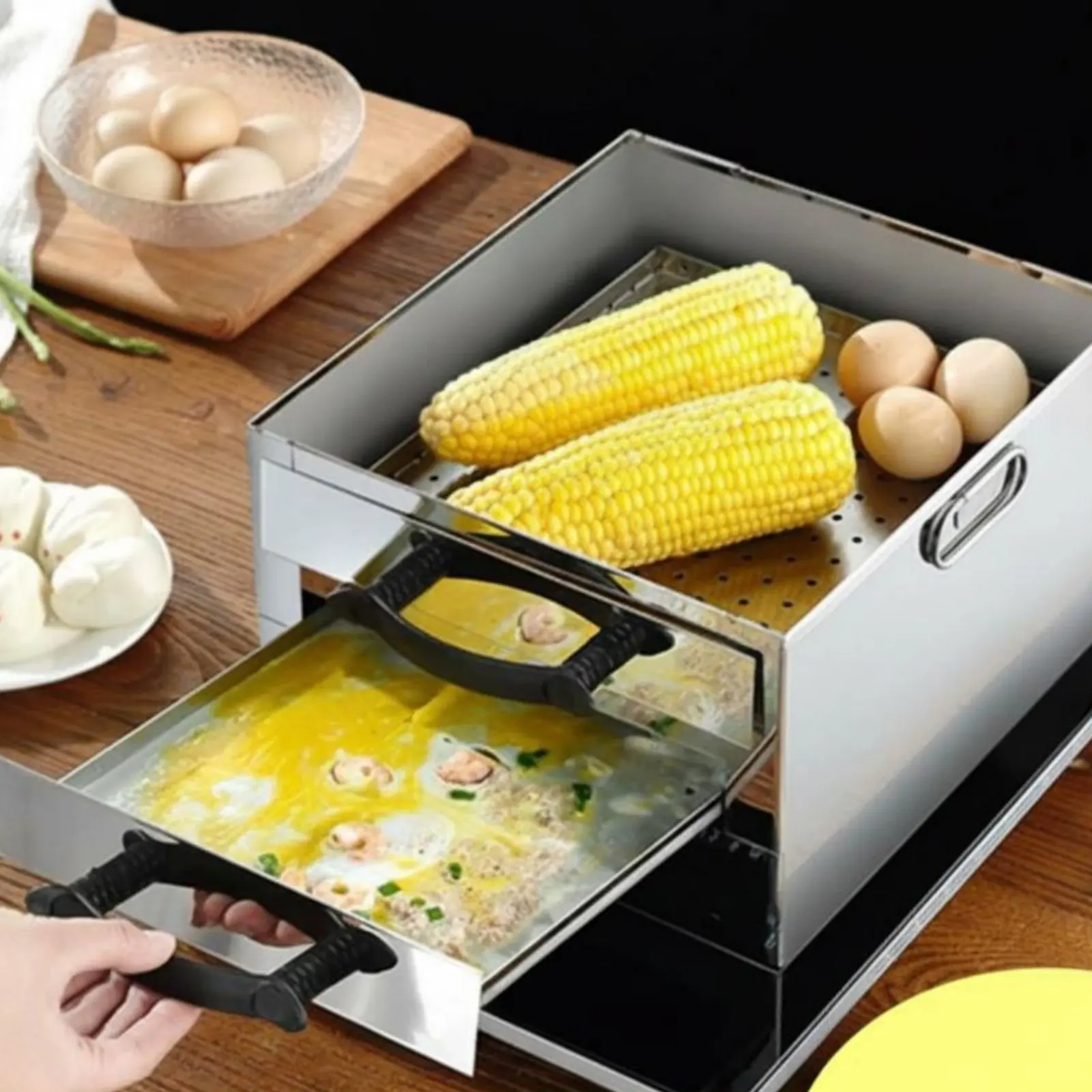 

Cheung Fun Steamer Portable Rice Roll Steamer Stainless Steel Steam Box Easy to Clean Pull-out Steaming Tray for Street Vendors