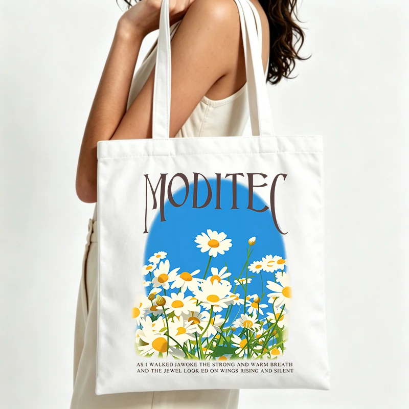 daisy floral print canvas tote bag with typography, casual style for daily shopping and summer outings