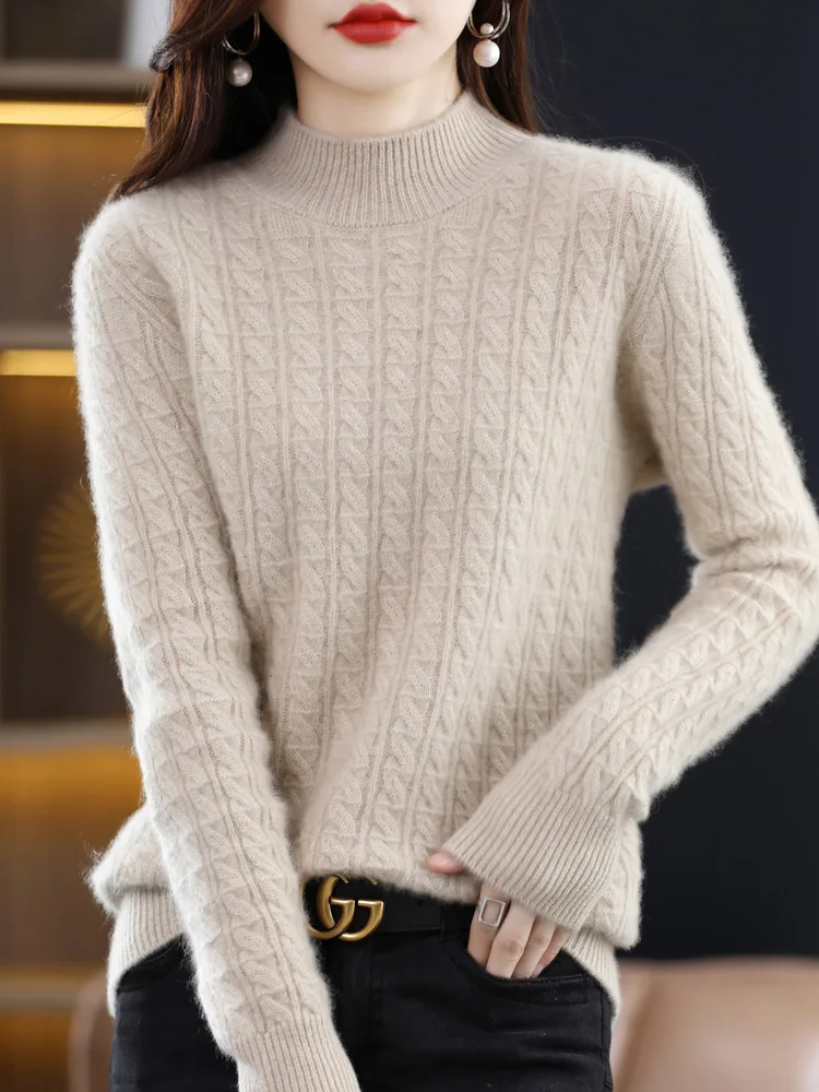 

Chic Cable Stitch Thick Pullover Women Mock Neck 100% Merino Wool Knitted Sweater Grace Warm Casual Clothing Solid Color Tops