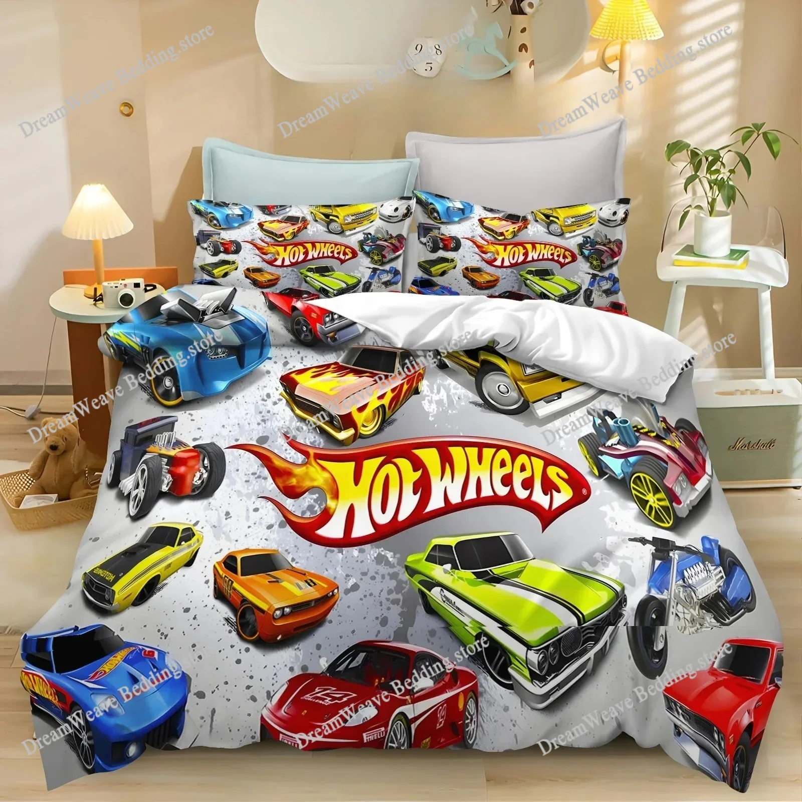 Cartoon H-Hot W-Wheels Bedding Set Race Car Duvet Cover with Pillowcases Comforter Cover for Kids Boys Bedroom Decor Queen