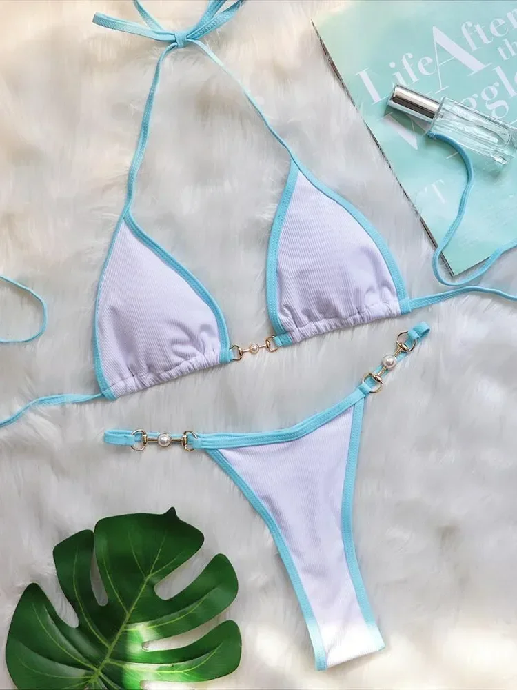 Push Up Micro Bikini Luxury Ribbed Orange Patchwork Ring Pearl Designer Swimsuit Bathing Suit Triangle Swimwear Traje De Baño