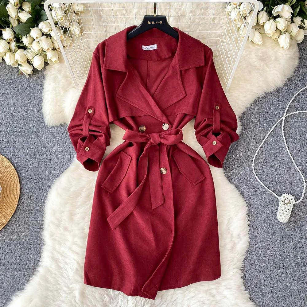 

Women Trench Coat Korean Style Long Sleeve Double-breasted Belt Windbreaker Dress Female Solid Color Slim Long Coats