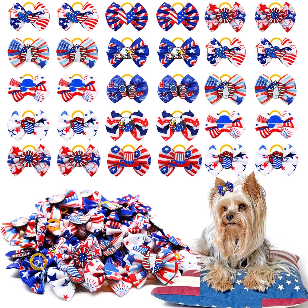 100pcs Dog Hair Accessories Pet Dog Hair Bows for Independence Day Pet Supplies Samll Dog Bows  Rubber Bands Bows For Dogs