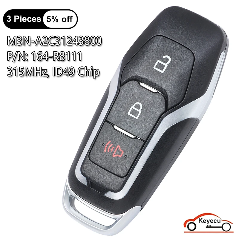 KEYECU 3 Buttons 315MHz ID49 Chip for Ford F-150 F-250 Explorer 2015 2016 2017 Smart Remote Key Fob M3N-A2C31243800 164-R8111
