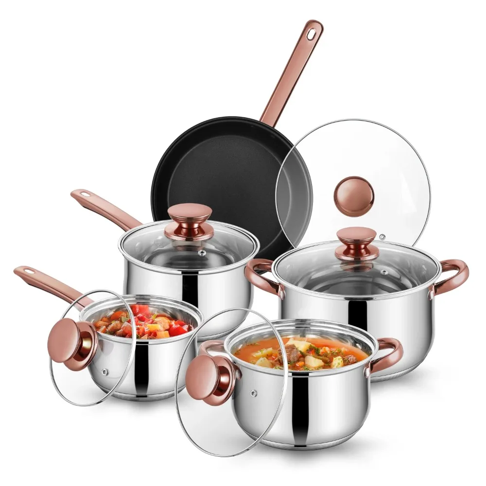 

Coliware Rose Gold Pots and Pans Set, 5Pcs Stainless Steel Cookware Sets with Stock Pots Saucepans Frying Pans, Non-Stick