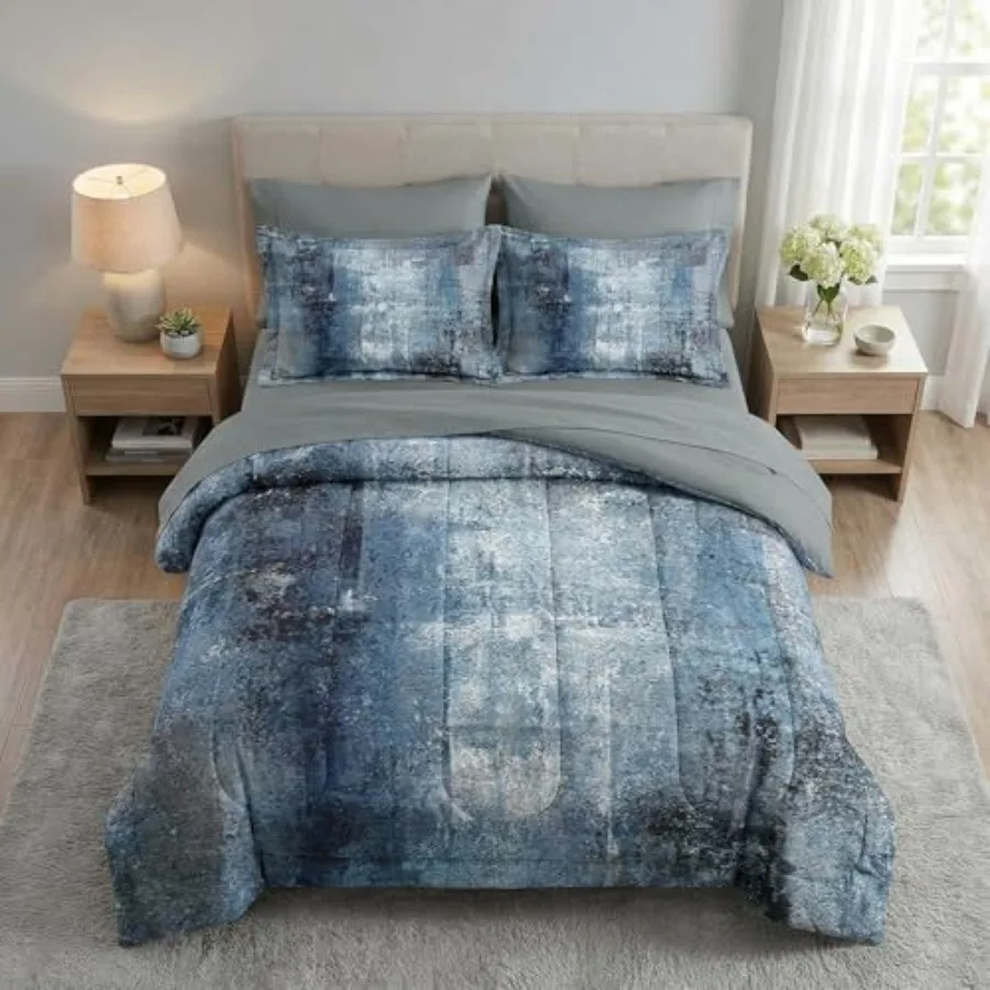 

7 Pcs Size Comforter Set with 2 Pillowcases and 2 Shams, Navy Indigo Bedding for and Adults, Contemporary Abstract Gray Bed in