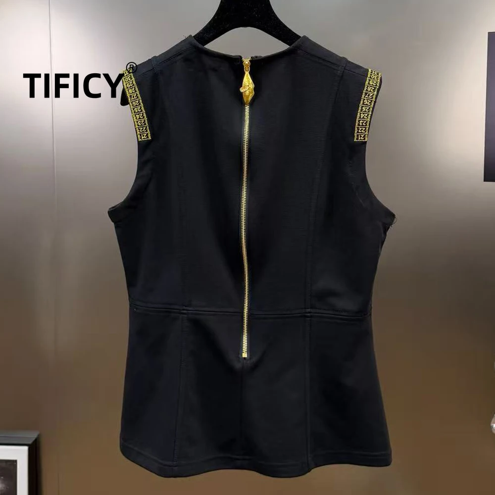 Camisetas sin mangas High Street para mujer, camiseta sin mangas con estampado de letras bordadas en la cintura, adelgazante, con cremallera, hoja, cuello redondo