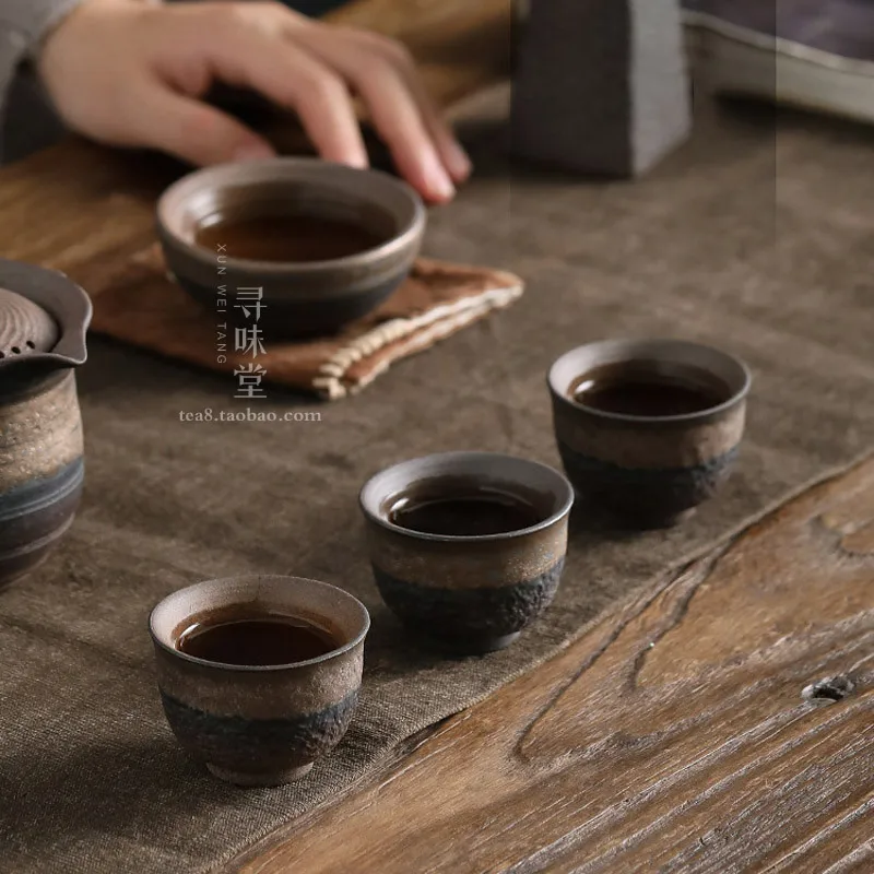 Handmade Tea Cup Kung Fu Gilt Ancient Early Ceramic Small Coarse Pottery Tea Set | Japanese-Style Burning Iron Glaze Vintage Cup