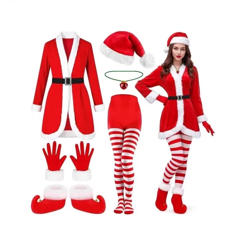 Abito da Babbo Natale rosso da donna, costume da spettacolo natalizio, abito da festa per adulti con decorazione in peluche