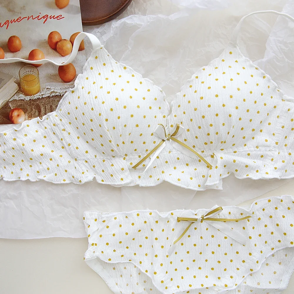 

Желтый горошек, милое нижнее белье с бантом, женское тонкое хлопковое нижнее белье без стального кольца, маленькая грудь, собранный сладкий комплект с бюстгальтером