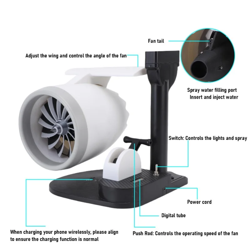 Desktop Turbine Fan With Humidifier 3 In 1 Adjustable Speed 4000rpm With 15W Wireless Charging Engine Shaped For Office Desk