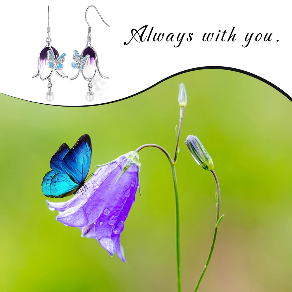 Boucles d'oreilles pendantes en argent regardé 925 pour femmes et filles, fleur de cloche violette, papillon floral, perles d'eau douce, bijoux cadeaux