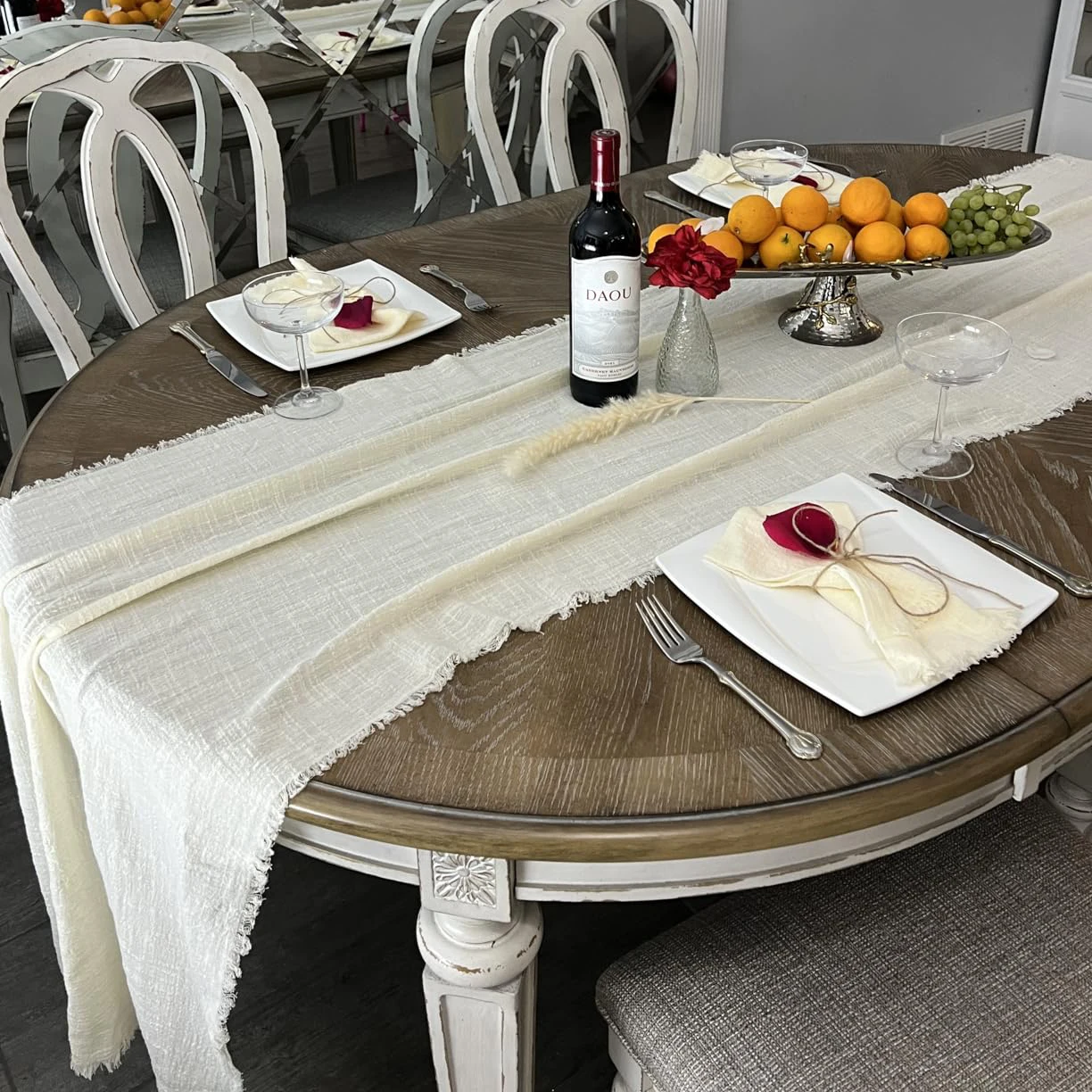 Corredores de mesa de gasa rústica, mesa de comedor de algodón azul claro, textura Retro de rebabas, decoración Vintage para el hogar, fiesta de