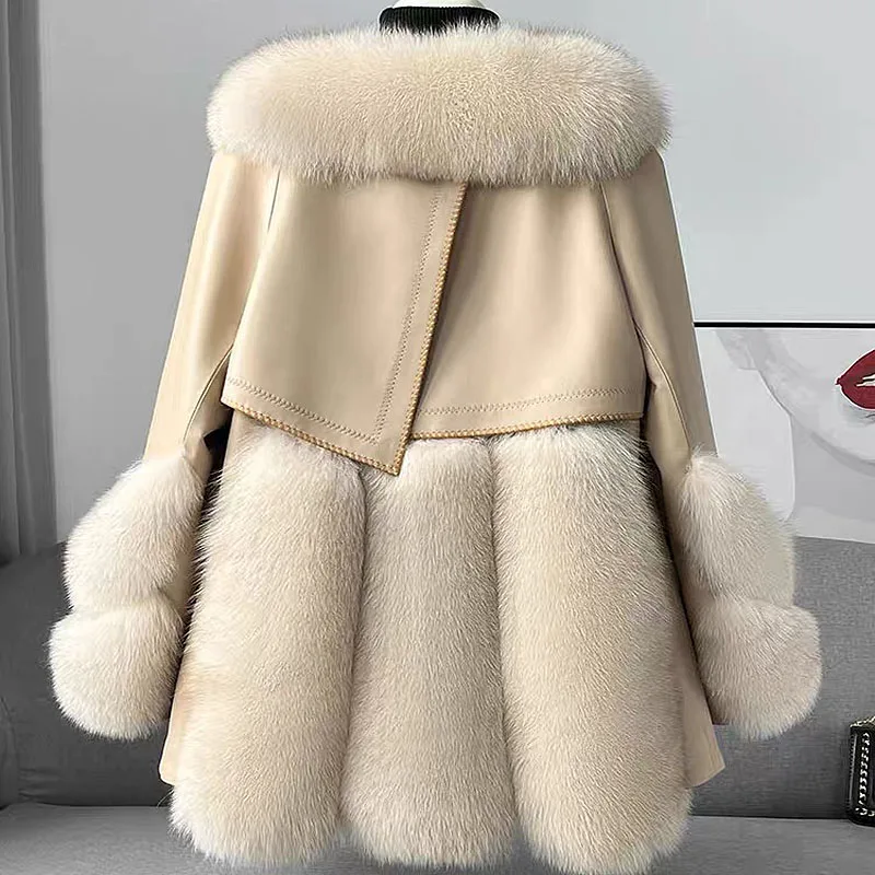 New fashion real fox fur coat and 100% real sheepskin made for fur one-body fur jacket lined with down fur for women fur coat