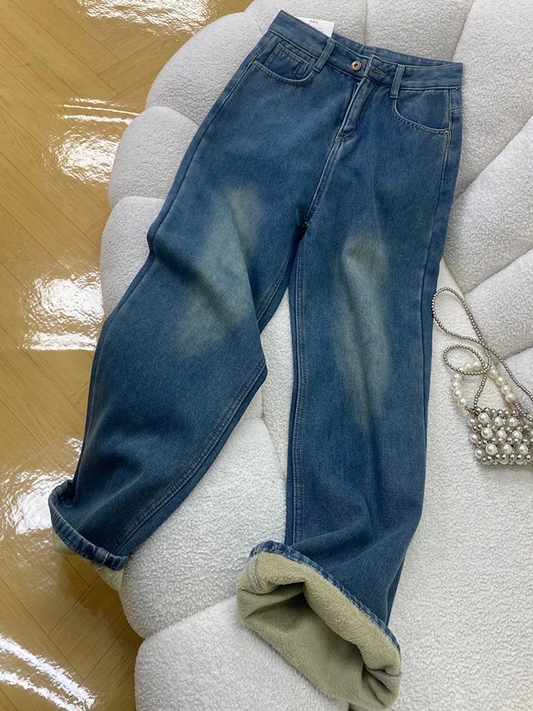 新しい秋冬厚手のデニムパンツ女性のための韓国スタイルのファッションハイウエストストレートジーンズシックなルーズ暖かいズボン