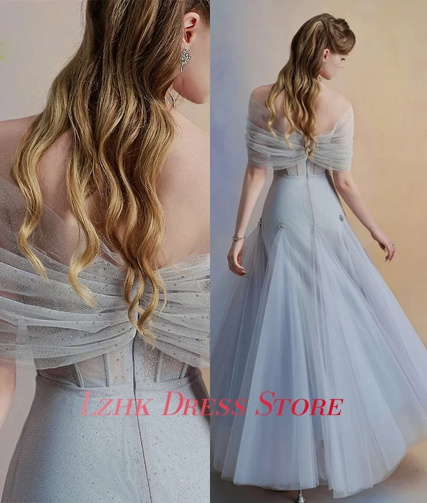 Vestido de noche personalizado de Organza de cristal de lujo, corte en A, hombros descubiertos, temperamento, mangas cortas, cuello en V