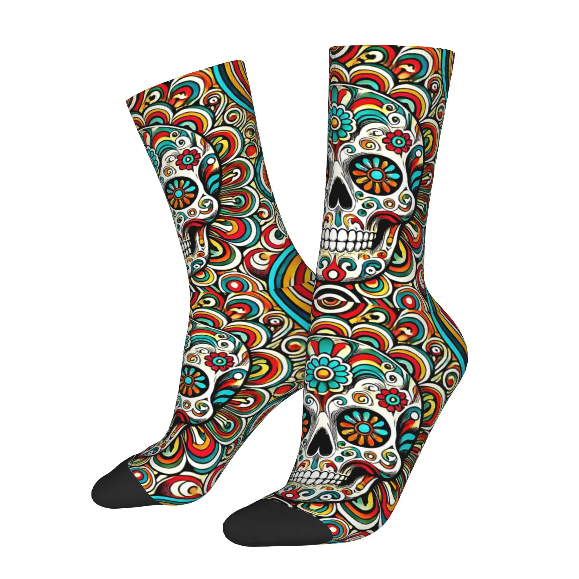 1pc Colorful Day Of The Dead Skull Printed Men's Socks  Novelty Hip Hop Harajuku Pattern Crew Sock Casual Gift