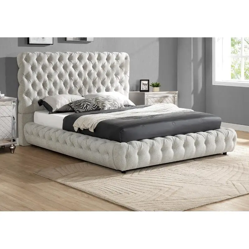 Contemporary Upholstered Queen Bed with Tufted Headboard & Footboard in Dove Gray