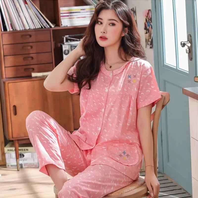 

Middle-aged Mother Pajamas Women Summer Short Sleeves Trousers Nightgown Cardigan Woven Cotton Pajamas Set
